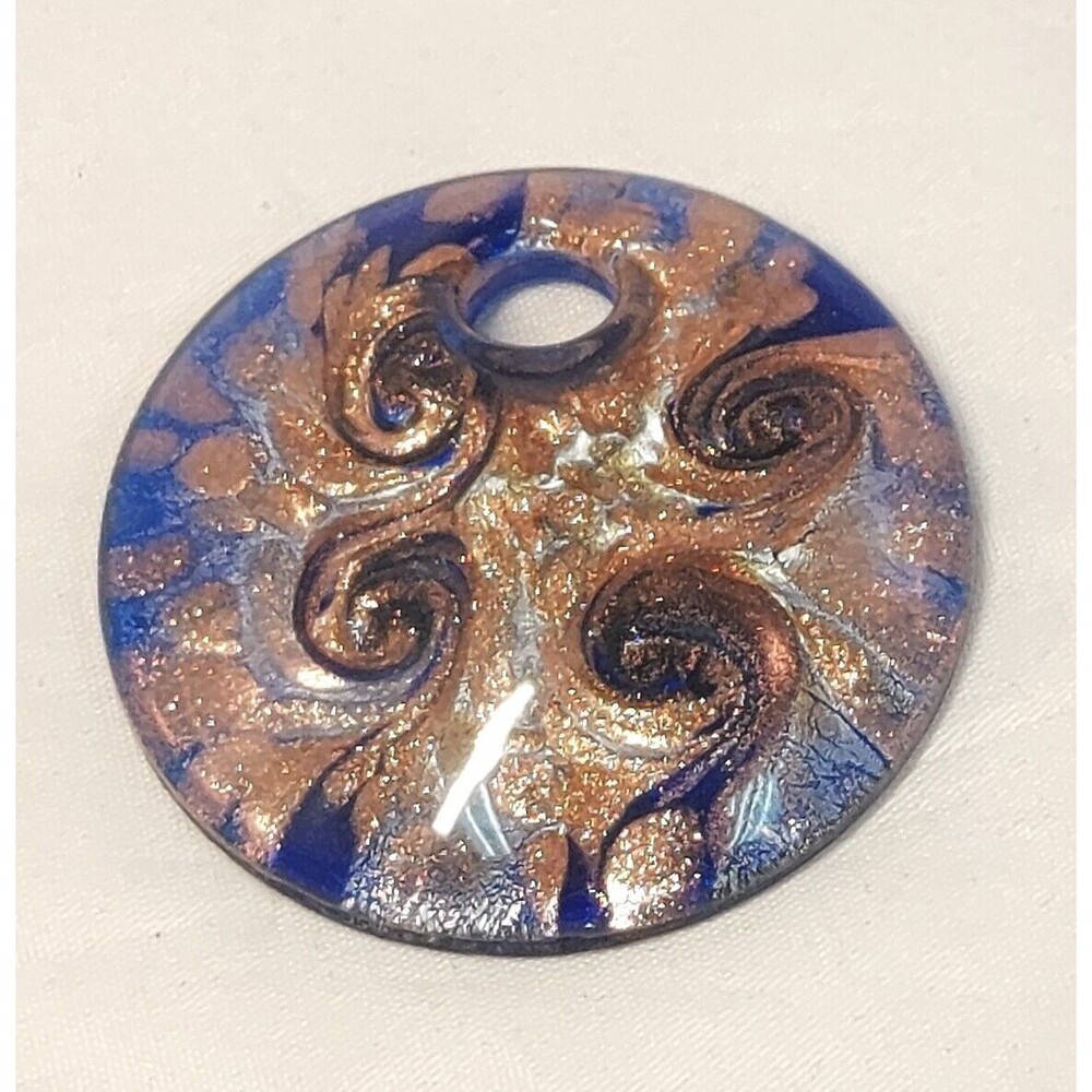 Dichroic Blue Glass Pendant Swirled Copper Design 2" Cobalt Blue Glass Hole Bale